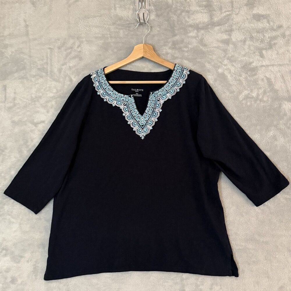 Talbots Petite XLP Embroidered Split Neck Top Womens Cotton 3/4 Sleeve